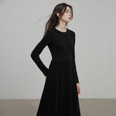 2025 Winter New Little Black Dress Spliced Crew-neck