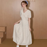 Women's French V-Neck Tea Dress Lace Trim Bow Tie