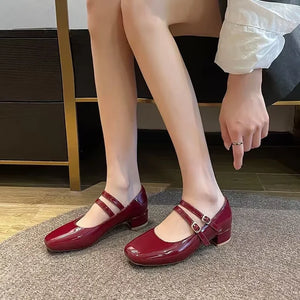Square-Toe Double-Buckle Patent Leather Chunky Heel Shoes