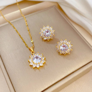 Stainless Steel Lucky Sparkle Necklace Earrings Jewelry Sets