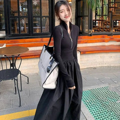 Simple High Waist Zipper-Up Turtleneck A-Line Dress